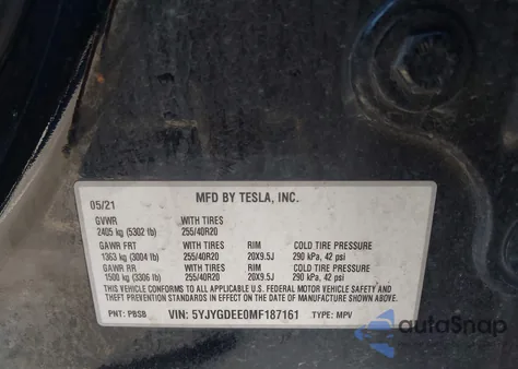2021 Tesla Model Y Long Range Dual Motor All-Wheel Drive from USA, damaged, VIN 5YJYGDEE0MF187161